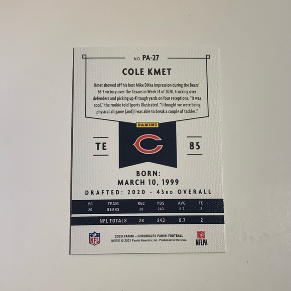 🏈 4/$25 2020 PANINI CHRONICLES PANINI GREEN #PA-27 COLE KMET NFL PANINI CARD 🏈 - Picture 2 of 3